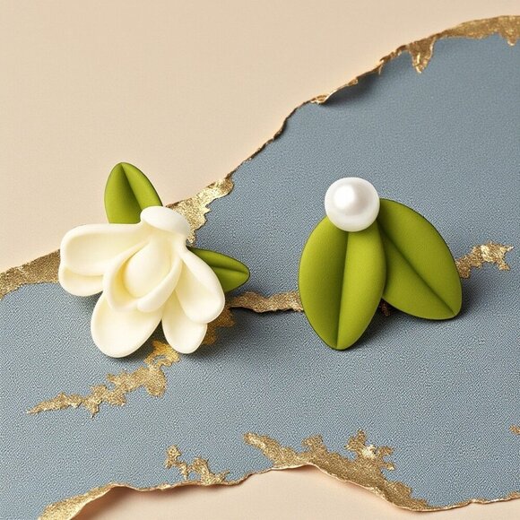๐๏ธ Flower Faux Pearl Asymmetrical Cute Fashion Statement Trendy Stud Earrings - Picture 1 of 12
